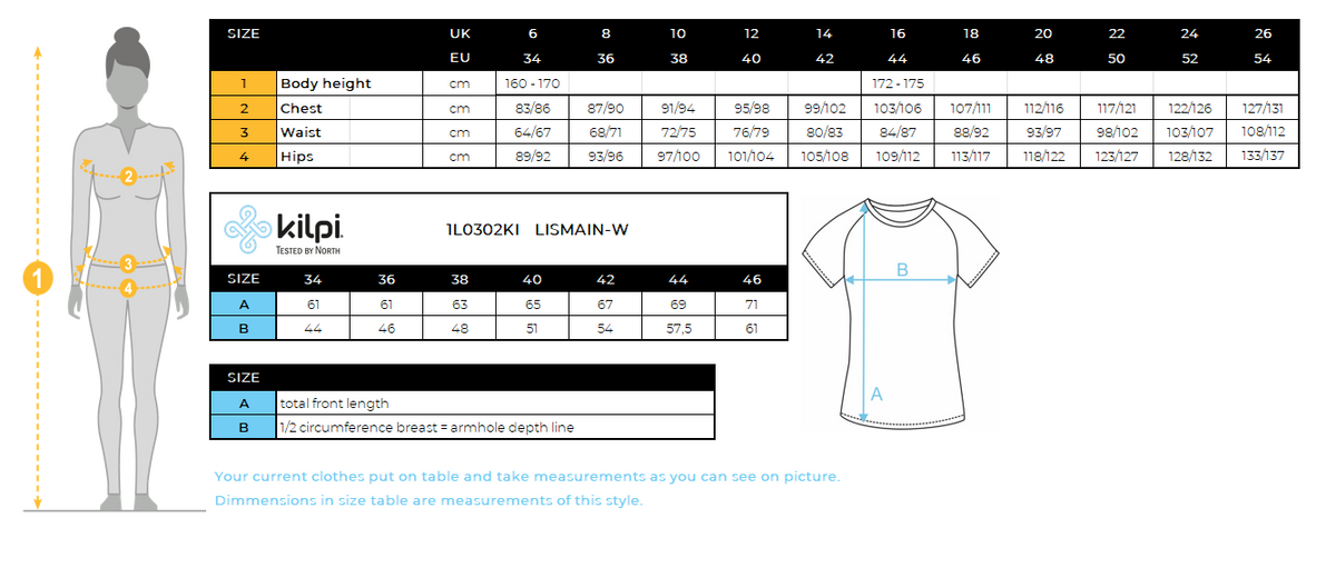 Technisches T-Shirt für Damen Kilpi LISMAIN-W – Größentabelle