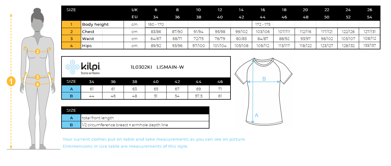 Technisches T-Shirt für Damen Kilpi LISMAIN-W – Größentabelle