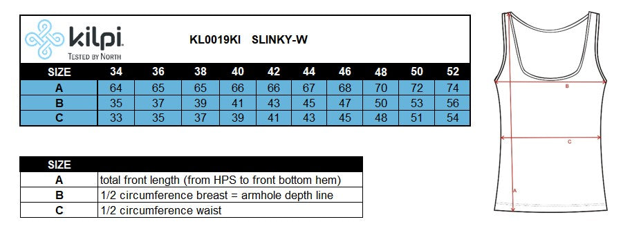 Women's functional top Kilpi SLINKY-W – Size chart
