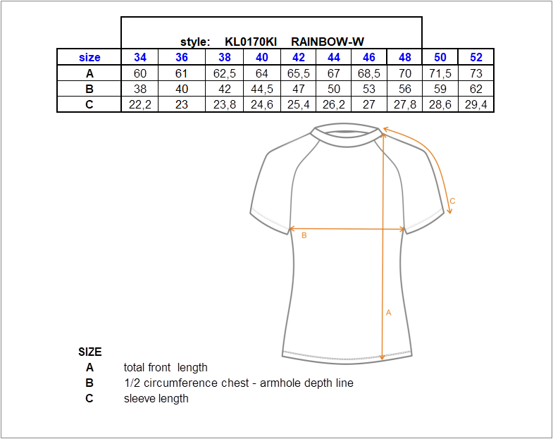 Women's functional t-shirt Kilpi RAINBOW-W – Size chart