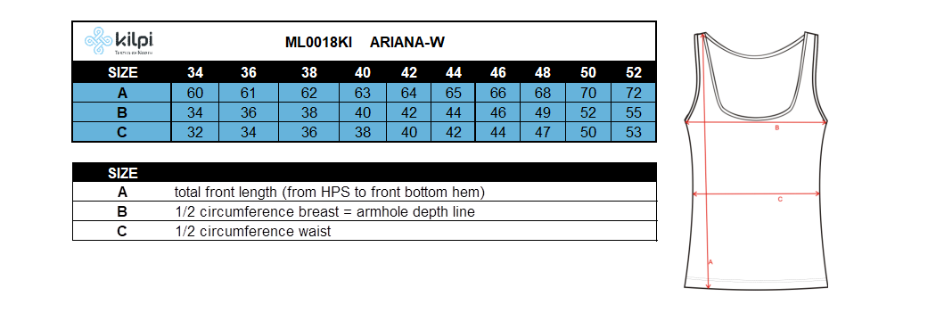 Women´s functional top Kilpi ARIANA-W – Size chart