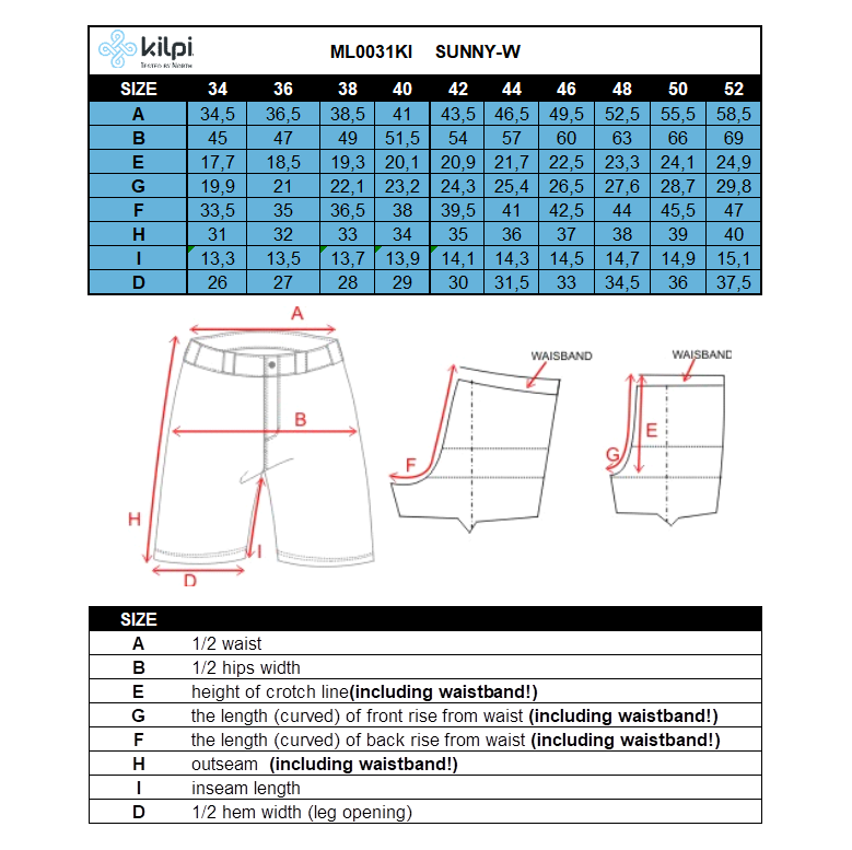 Leichte Outdoor-Shorts für Damen Kilpi SUNNY-W – Größentabelle