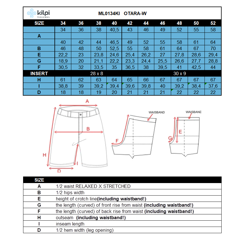 Damen-Outdoor-3/4-Hose Kilpi OTARA-W – Größentabelle
