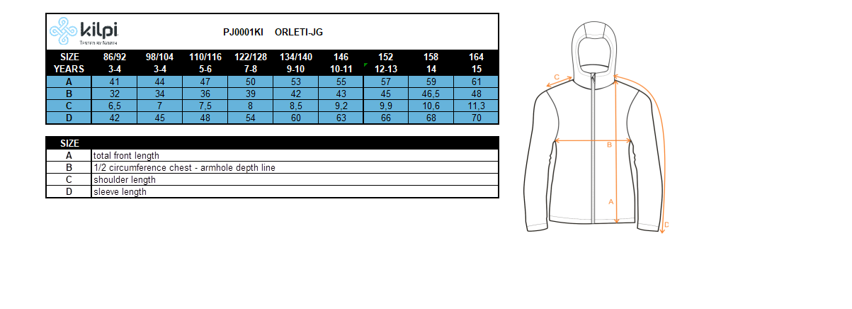 Girl's outdoor jacket Kilpi ORLETI-JG – Size chart