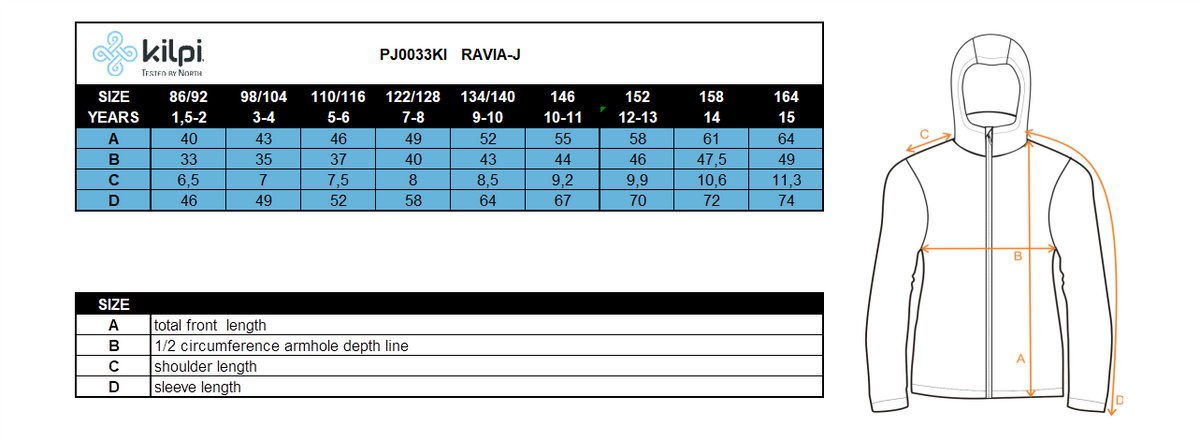 Mädchen-Softshelljacke KILPI RAVIA-J – Größentabelle