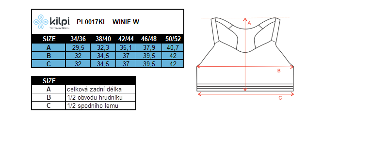 Women´s seamless bra Kilpiu WINIE-W – Size chart