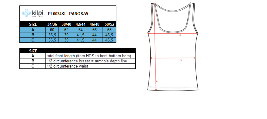 Women´s seamless top Kilpi PANOS-W – Size chart