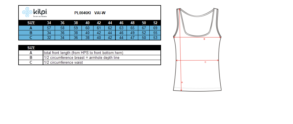 Women´s cycling top KILPI VAI-W – Size chart