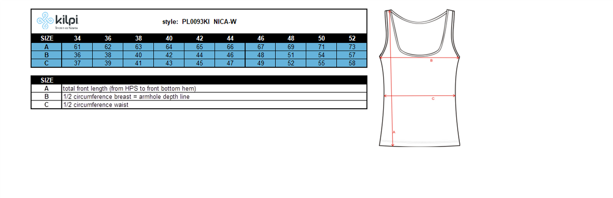Women's cotton top Kilpi NICA-W – Size chart