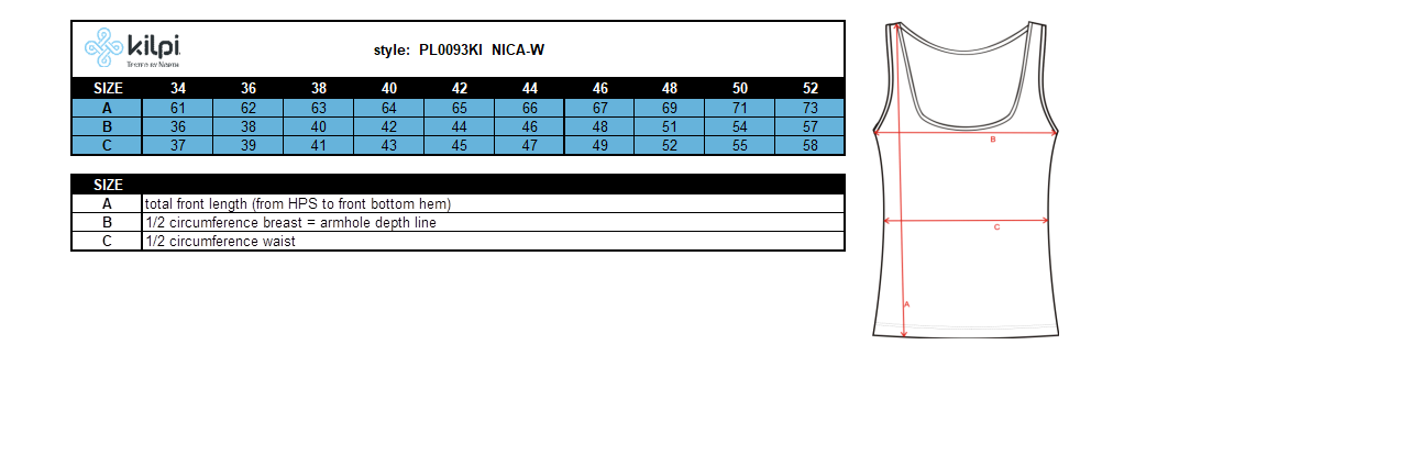 Women's cotton top Kilpi NICA-W – Size chart