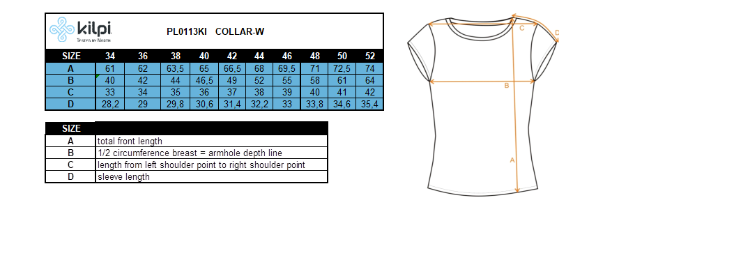 Women's functional polo t-shirt Kilpi COLLAR-W – Size chart