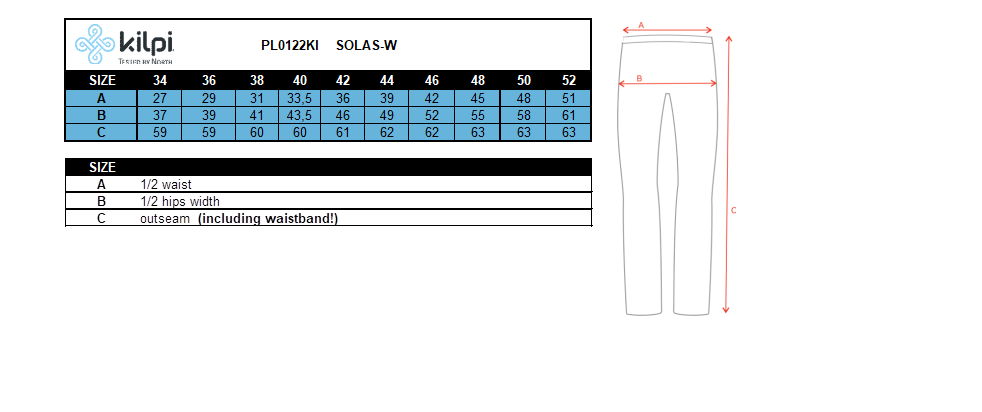 Women's 3/4 leggings Kilpi SOLAS-W – Size chart