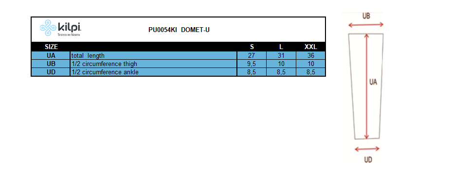 Unisex compression warmers Kilpi DOMET-U – Size chart