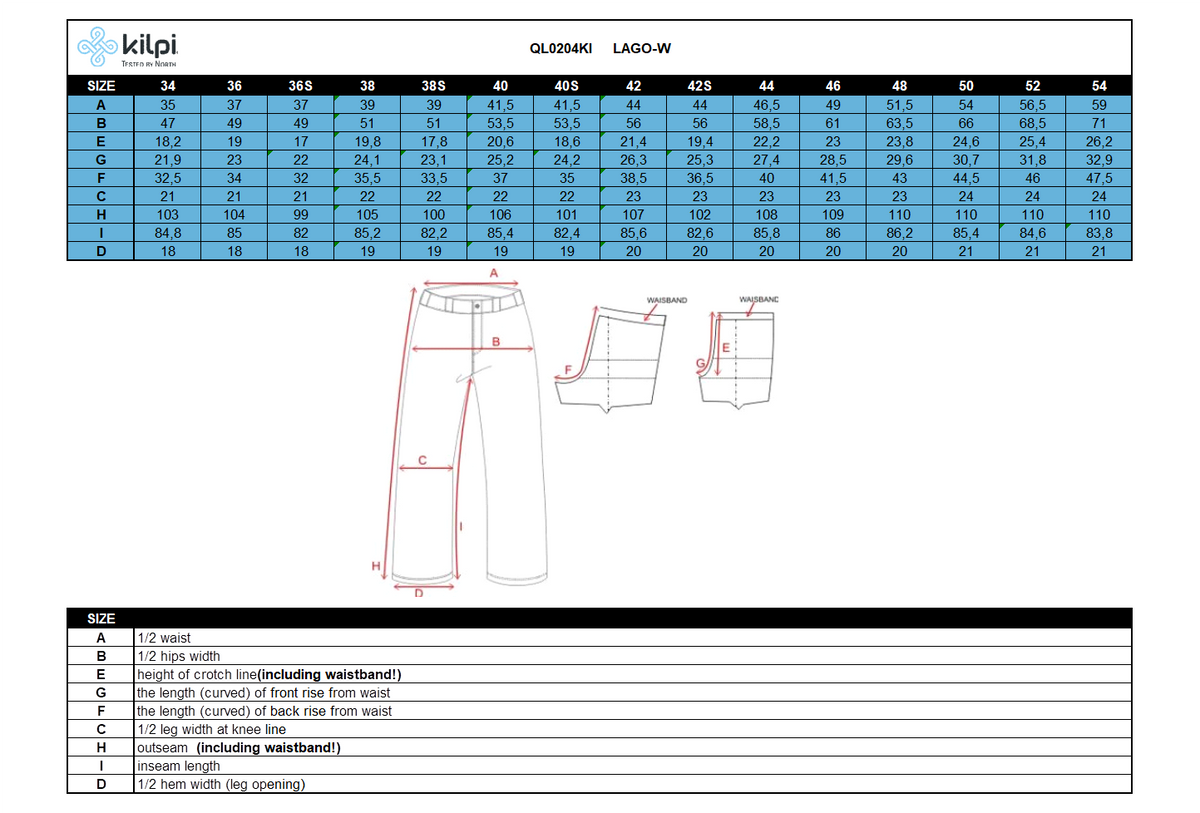 Damen-Outdoorhose Kilpi LAGO-W – Größentabelle