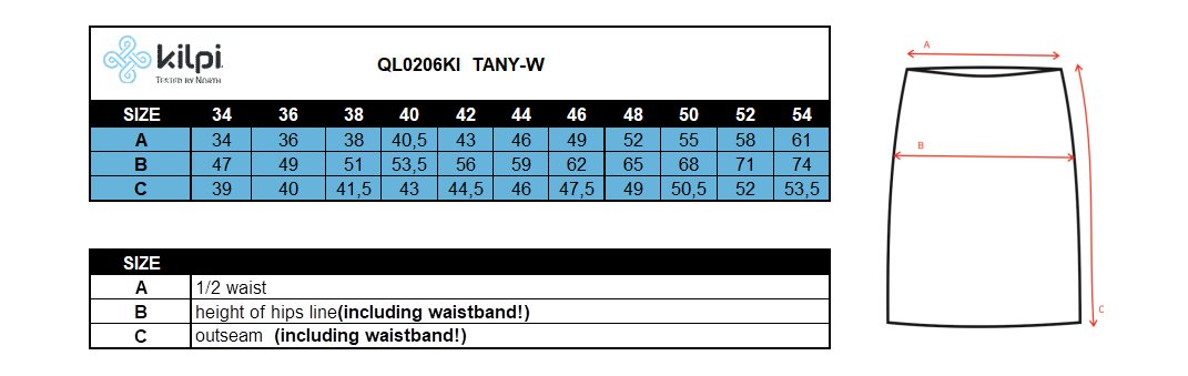 Isolierter Damenrock Kilpi TANY-W – Größentabelle