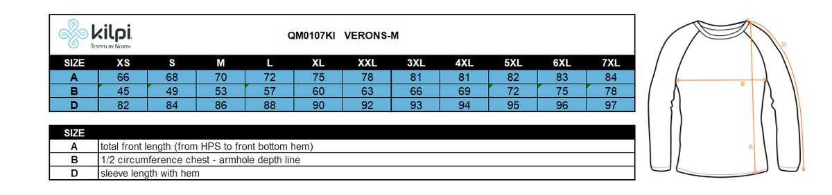Herren Outdoorjacke Kilpi VERONS-M – Größentabelle
