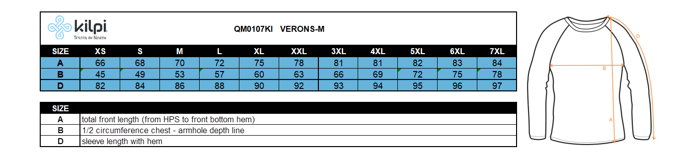 Herren Outdoorjacke Kilpi VERONS-M – Größentabelle