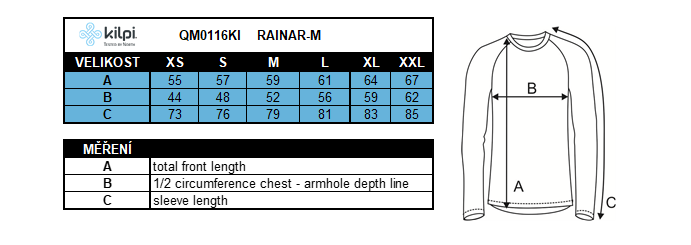 Men´s cycling waterproof jacket Kilpi RAINAR-M – Size chart
