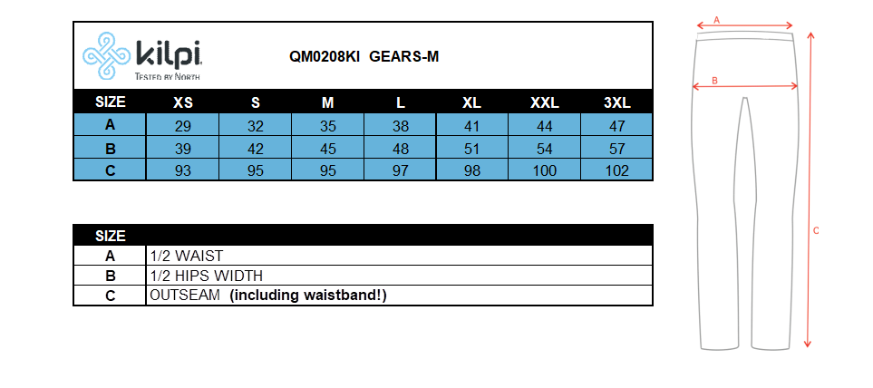 Men´s running leggings Kilpi GEARS-M – Size chart