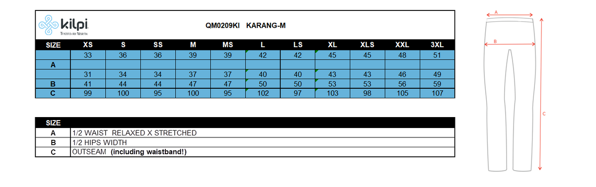 Men´s running leggings Kilpi KARANG-M – Size chart