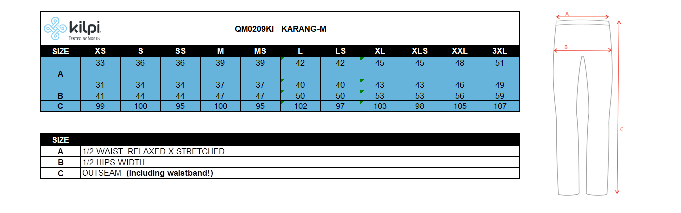 Men´s running leggings Kilpi KARANG-M – Size chart