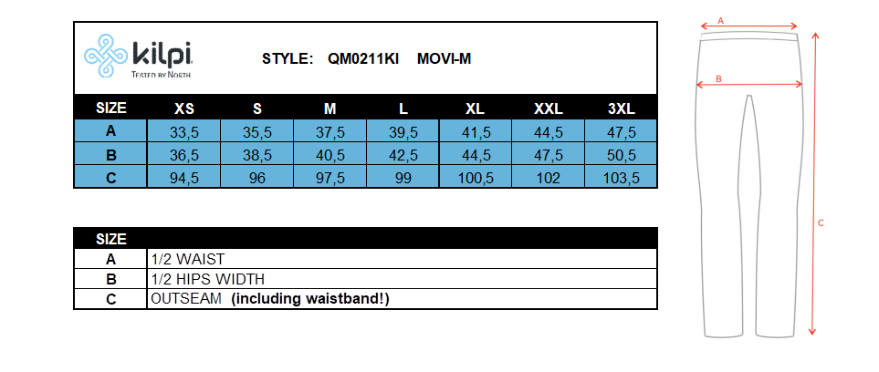 Herren-Radleggings Kilpi MOVI-M – Größentabelle