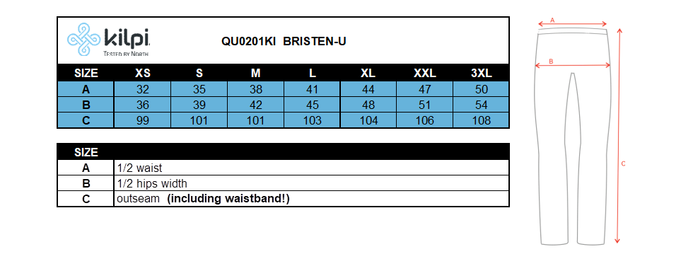 Ski touring pants Kilpi BRISTEN-U – Size chart