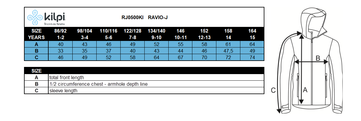 Jungen-Softshelljacke Kilpi RAVIO-J – Größentabelle