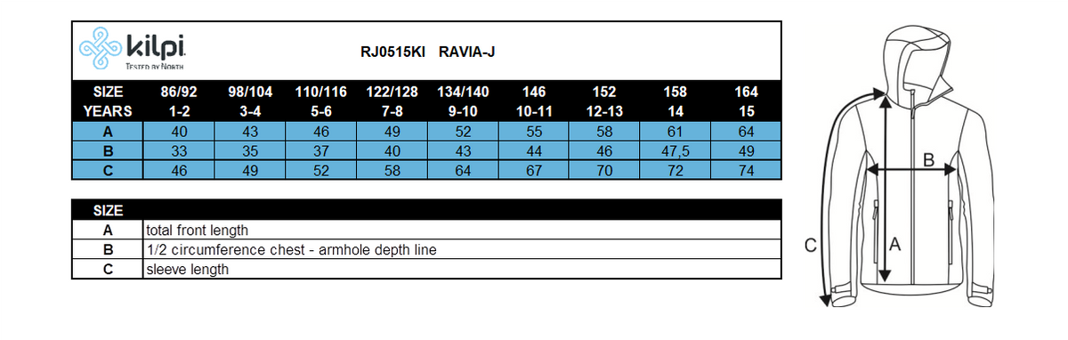 Softshell-Jacke für Mädchen Kilpi RAVIA-J – Größentabelle