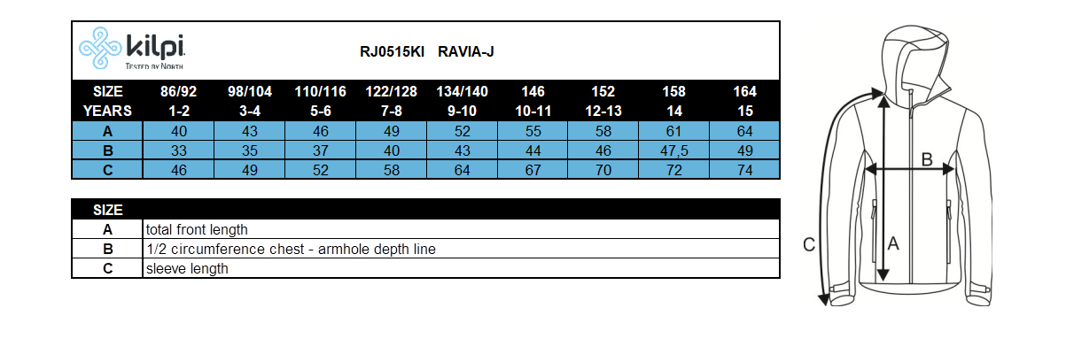Softshell-Jacke für Mädchen Kilpi RAVIA-J – Größentabelle
