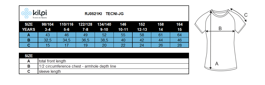 Technisches T-Shirt für Mädchen Kilpi TECNI-JG – Größentabelle