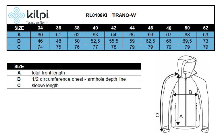 Damen-Laufjacke Kilpi TIRANO-W – Größentabelle