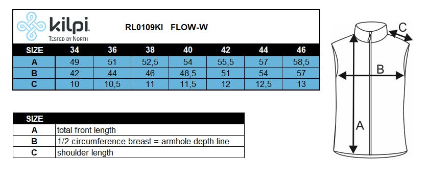 Damen-Radweste Kilpi FLOW-W – Größentabelle