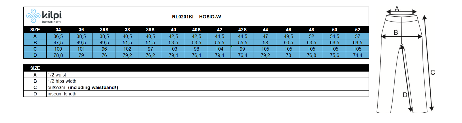 Damen Outdoorhose Kilpi HOSIO-W – Größentabelle