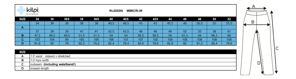 Damen Outdoorhose Kilpi MIMICRI-W – Größentabelle