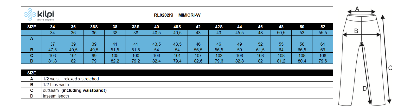 Damen Outdoorhose Kilpi MIMICRI-W – Größentabelle