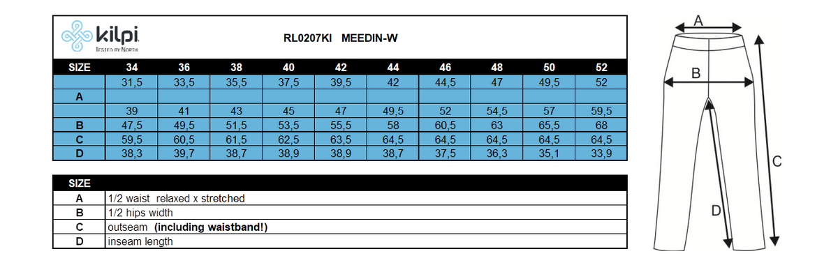 Damen 3/4 Outdoorhose Kilpi MEEDIN-W – Größentabelle