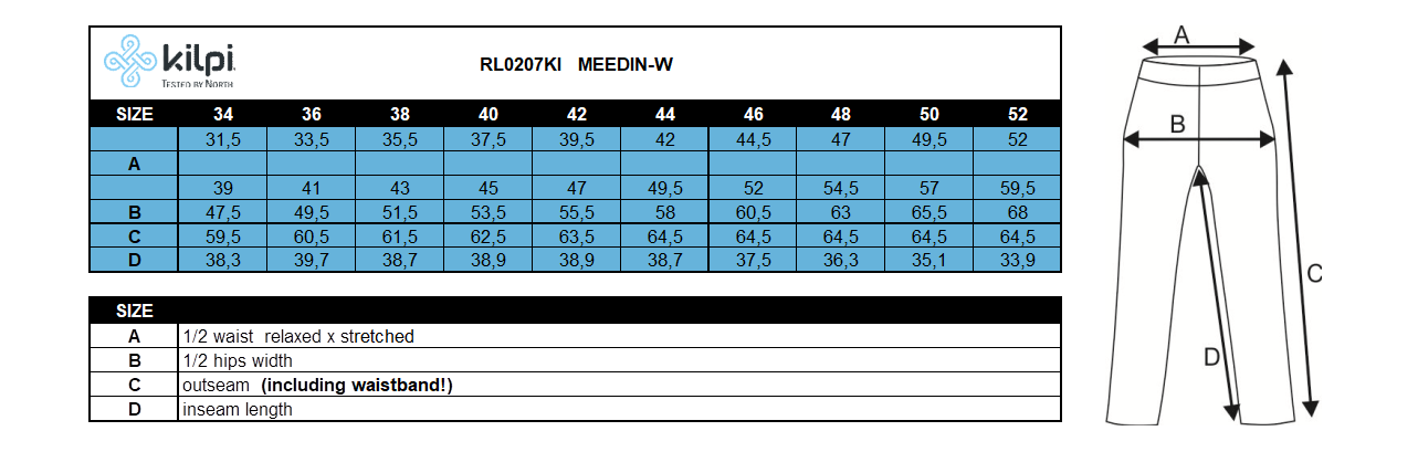 Damen 3/4 Outdoorhose Kilpi MEEDIN-W – Größentabelle