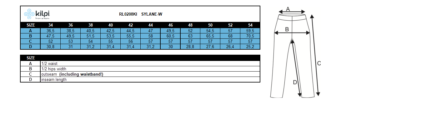 Damenshorts Kilpi SYLANE-W – Größentabelle