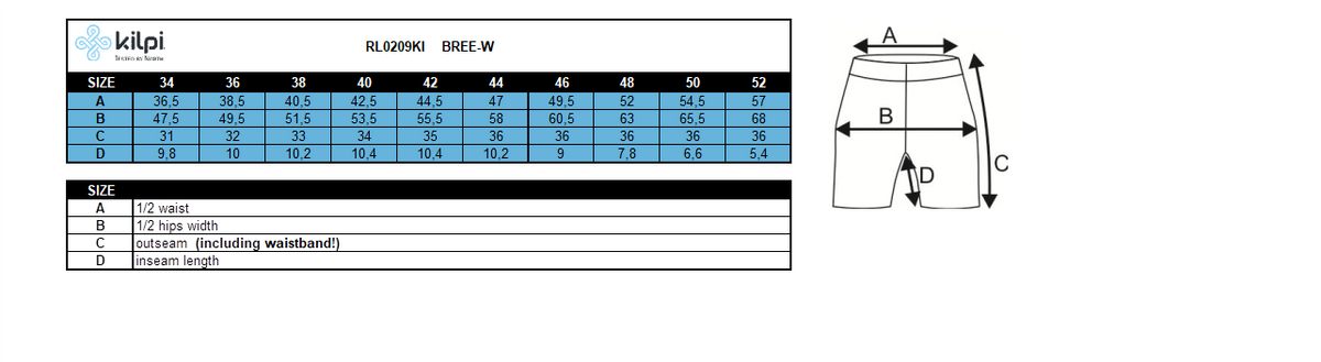 Damen-Outdoor-Shorts Kilpi BREE-W – Größentabelle