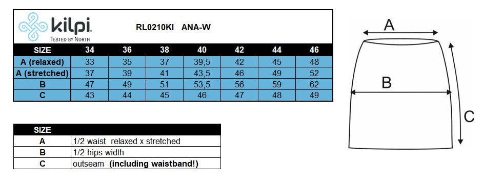 Damen-Outdoorrock Kilpi ANA-W – Größentabelle