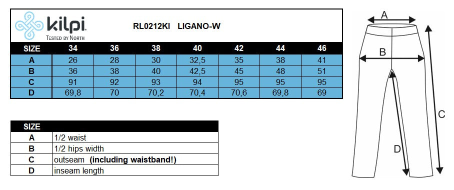 Women's fitness leggings Kilpi LIGANO-W – Size chart