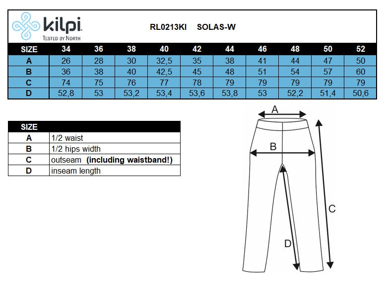 Women's 3/4 fitness leggings Kilpi SOLAS-W – Size chart
