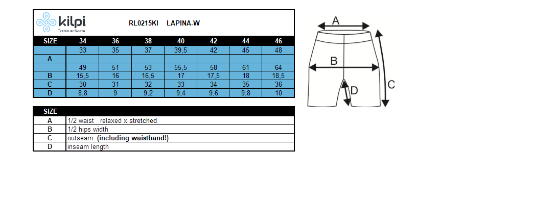 Women's running shorts Kilpi LAPINA-W – Size chart