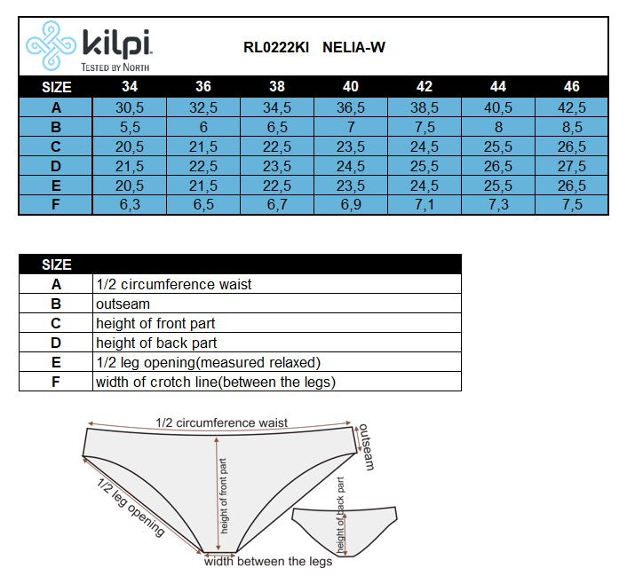 Women´s panties Kilpi NELIA-W – Size chart