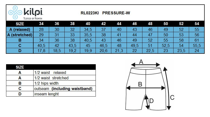 Damen-Radhose Kilpi PRESSURE-W – Größentabelle