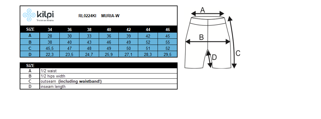 Damen-Radhose Kilpi MURIA-W – Größentabelle