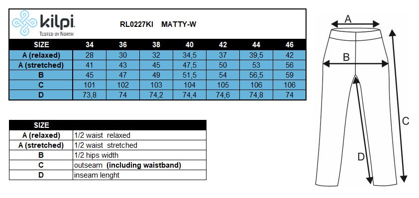 Damenhose Kilpi MATTY-W – Größentabelle