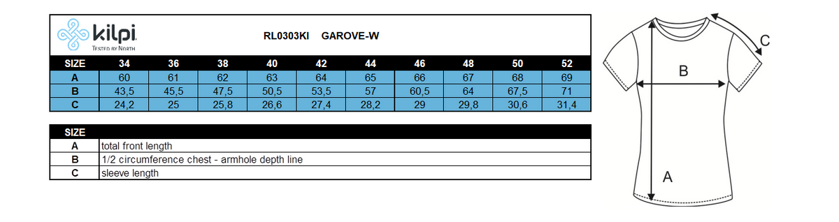 Women´s outdoor t-shirt Kilpi GAROVE-W – Size chart