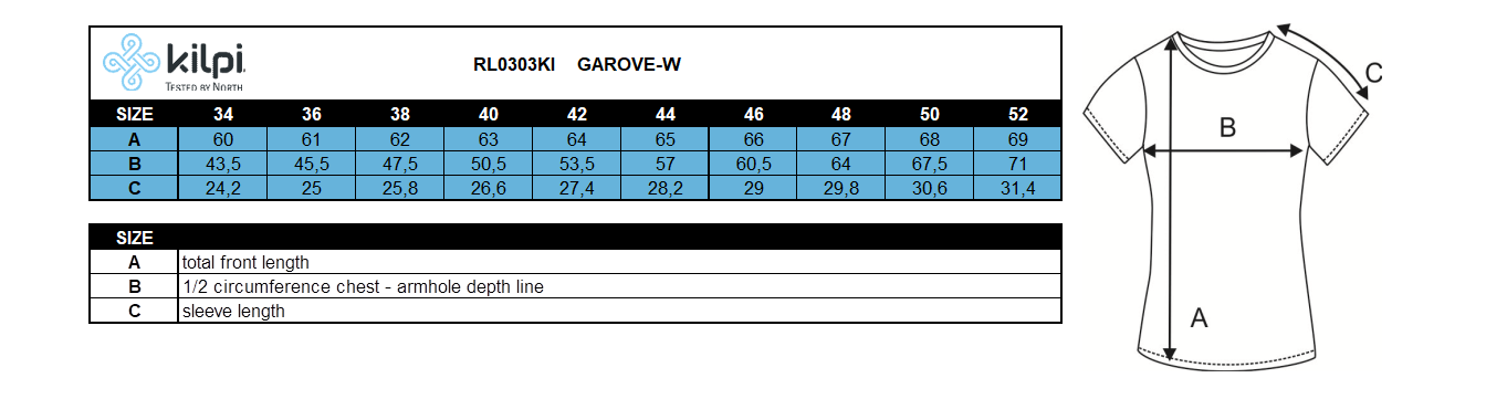 Women´s outdoor t-shirt Kilpi GAROVE-W – Size chart